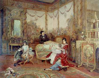 “维多利亚时代的萨杜（1831-1908年），他的妻子和孩子们在奥古斯都·德拉布雷利（Auguste de la Brély）的马利国王之家的大客厅里的肖像
