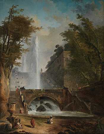 休伯特·罗伯特《罗马别墅公园里的楼梯和喷泉》