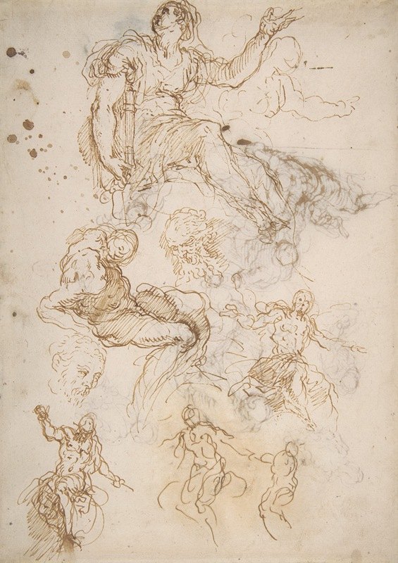“人物研究坐着的女性拿着一本书，两个留着胡子的男人的头，坐着的男性裸体，以及杰科波·帕尔马·伊尔·乔瓦内（Jacopo Palma il Giovane）评判的四幅基督素描
