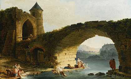 Hubert Robert的《一座废墟桥附近的洗衣妇随想河风景》