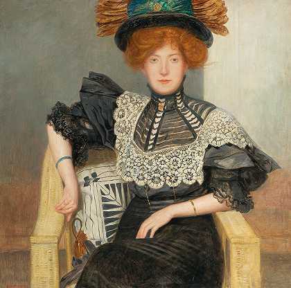 弗里德里希·科尼格（Friedrich König）的《蕾丝上衣和羽毛帽女子肖像》