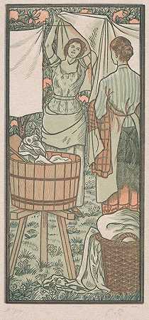 卢西安·皮萨罗的《两个女人挂起她们的衣服》