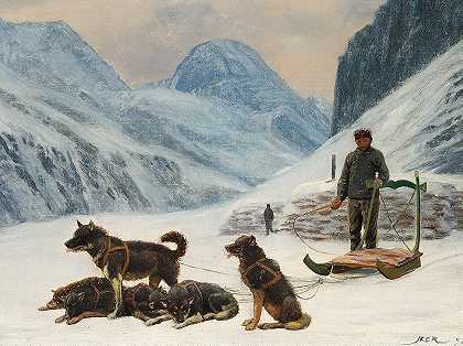 卡尔·拉斯穆森（Carl Rasmussen）的一个格陵兰人在他的狗雪橇旁休息