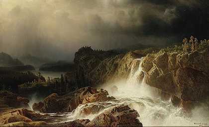 马库斯·拉森的《落石风景与瀑布》