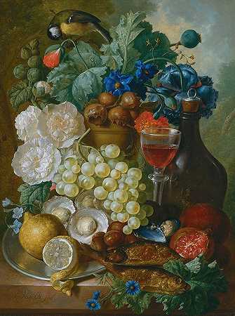 Jan Van Os的《水果和鲜花的静物》，以及牡蛎、贻贝、一杯葡萄酒、一个酒瓶和其他石壁上的物品