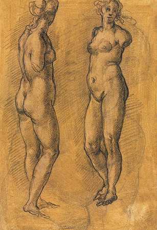 “杰科波·达·恩波利（Jacopo da Empoli）的推杆素描上的一尊站立女性古董雕像的复制品（两个视图）