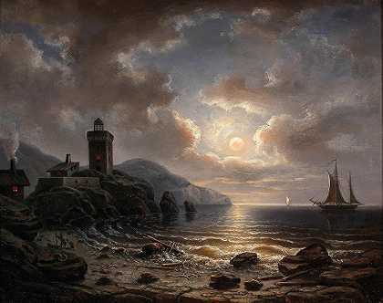 阿尔伯特·德·马雷斯的《夜间海岸与灯塔》