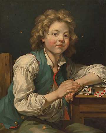 让·巴蒂斯特·夏彭蒂埃的《一个男孩，坐在桌子旁边，放着卡片》