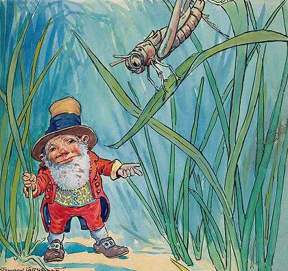 “拇指金斯跑在灌木丛下，沿着小路跑，直到他来到汤米·草蜢坐在一片在微风中摇摆的草上的地方”