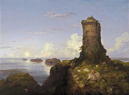 托马斯·科尔（Thomas Cole）的《意大利海岸风景与废墟塔》（Italian Coast Scene with Ruined Tower）