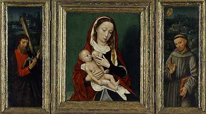 “带孩子的圣母（中央面板）圣安德鲁和弗朗西斯（内侧）安布罗西斯·本森三联画