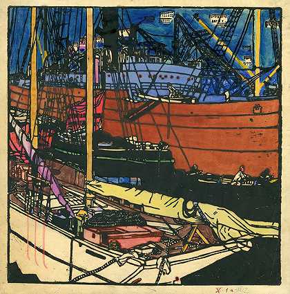 鲁道夫·卡尔瓦奇的《的里雅斯特港》彩色木刻