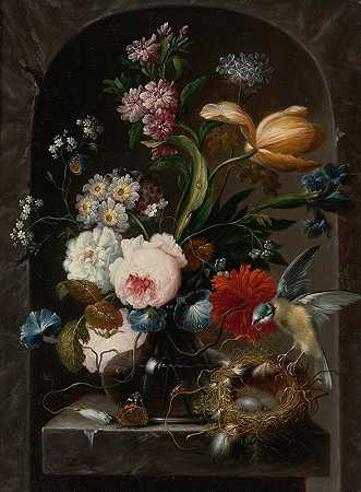 《玫瑰、牵牛花、报春花、郁金香和玻璃花瓶中的其他花朵的静物》，约翰·巴普蒂斯特·德雷克斯勒著