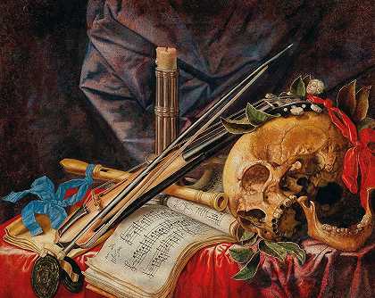 西蒙·雷纳德·德·圣安德烈（Simon Renard de Saint André）的《瓦尼塔斯静物》，一把小提琴、一支单簧管、一个头骨、一张乐谱和一支蜡烛