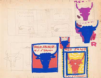 “《红沙》一书封面的平面设计。温诺德·赖斯的牛头和牛身草图
