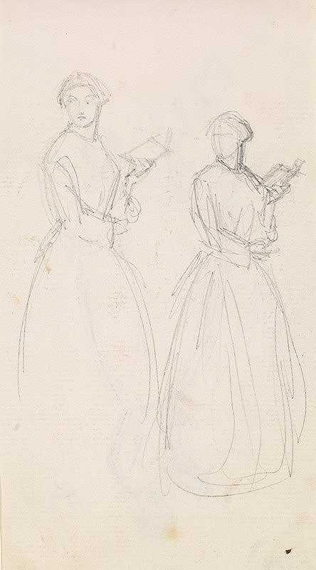 约翰·埃弗里特·米莱斯的《女性-一位年轻女子拿着一本书的两幅素描》