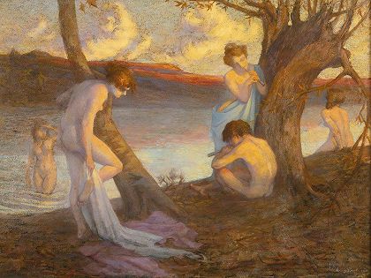 路易·玛丽·亨利·拉乌尔的《沿着河岸的沐浴者》