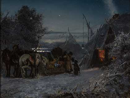 Jozef Chelmonski的《夜晚在小屋前的雪橇》