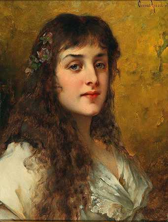 康拉德·基塞尔（Conrad Kiesel）的《头发上戴着雪玫瑰的女士肖像》