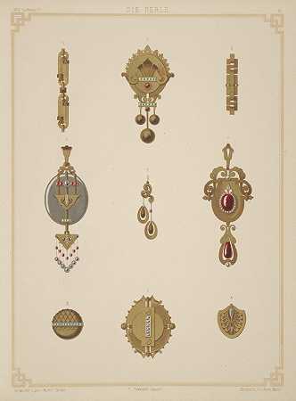 “九种珠宝设计，包括带有绿色和红色宝石的金胸针”