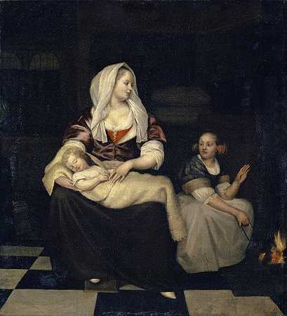 雅各布·奥奇特维特的《一个母亲带着她的孩子和一个女佣》