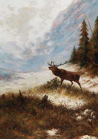弗兰茨·泽弗·冯·鲍辛格的《冬季风景中的咆哮雄鹿》