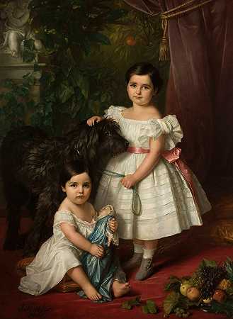 “玛丽亚·罗恩贝格和玛丽亚·卡罗琳娜·罗恩伯格与狗的肖像”，Józef Simmler著