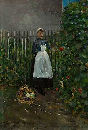 奥尔加·博兹南斯卡的《花园里拿着一篮子蔬菜的女孩》