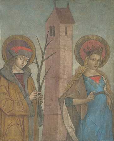 德国学派的《圣徒阿查提乌斯、芭芭拉、阿波罗尼亚和塞巴尔德的双联画》