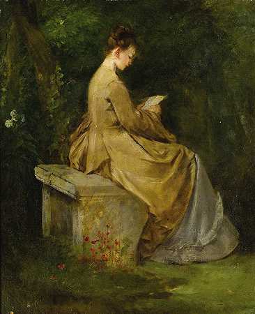 玛丽亚诺·福图尼·马德拉佐的《长椅上的女士读书》
