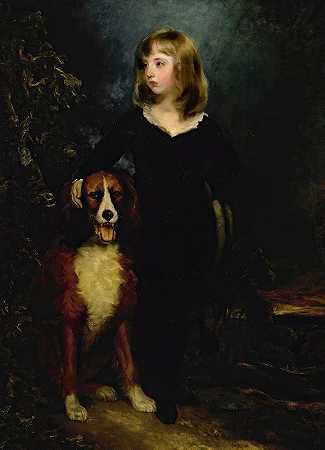 托马斯·劳伦斯爵士的《一个男孩的肖像》，全长，与他的狗站在风景中，据说是阿巴斯诺特大师
