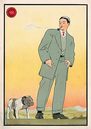 约翰·谢里丹（John Sheridan）的《穿着灰色西装的年轻人抽着烟斗看着狗》