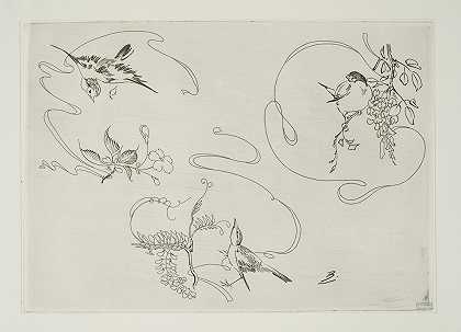 甜点盘由费利克斯·布拉克蒙德（Félix Bracquemond）设计的三种图案，每种图案由一条丝带、一朵花和一只鸟组成