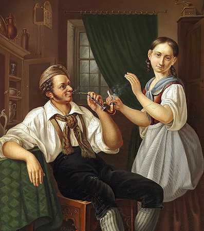 Christian Ludvig Knutzen的《室内与年轻夫妇》