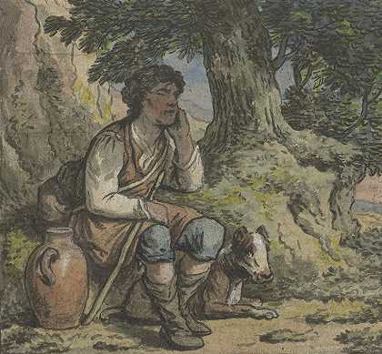 安东尼·安德列森的《树下的男孩，带着狗和水壶》