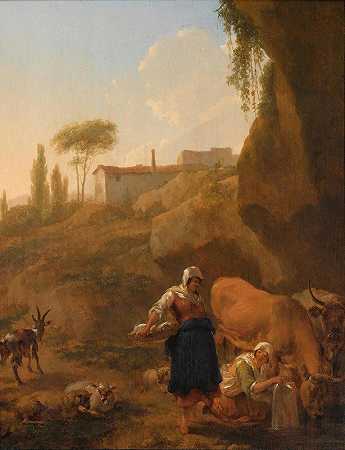 尼古拉斯·皮特斯（Nicolaes Pietersz）的《一幅南部岩石风景，两名农民妇女及其羊群和牛群停在溪边》