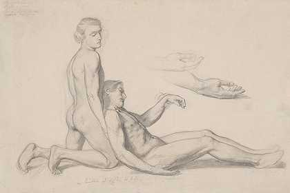 “裸体男性到现场的研究，尼科德穆斯在Józef Simmler的画作《纠缠》中支撑基督的身体