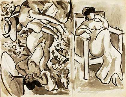 卡尔·纽曼的《花园里的两个女人，一个坐着的女人》