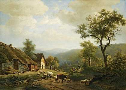《牛群奔向田野的丘陵风景》，作者：尤金·约瑟夫·韦尔博埃霍温