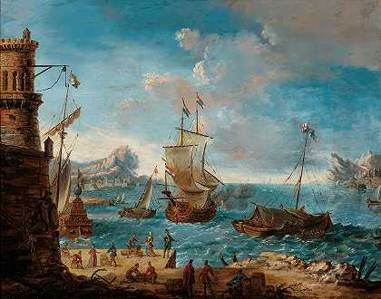 洛多维科·马蒂奥利（Lodovico Mattioli）笔下的海岸风景，人物在港口和远处的船只上交谈