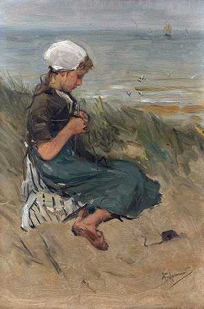 伯纳德·约翰内斯·布洛默斯的《沙丘上的女孩编织》