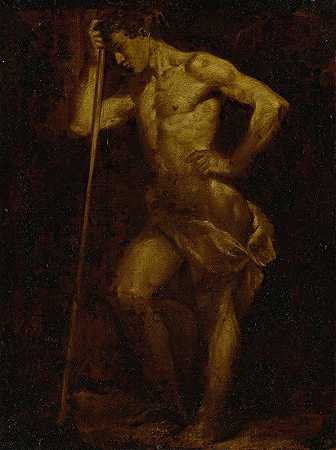 多纳托·克雷蒂（Donato Creti）的裸体学术素描，一名男子手持手杖