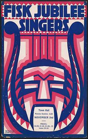 “Fisk Jubilee Singers的平面设计。”【温诺德·赖斯创作的竖琴和面具主题的音乐会海报