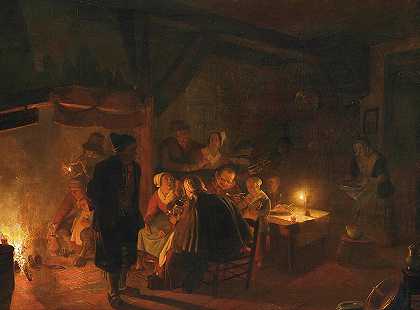 简·亨德里克·范·格罗特维特的《一家人在室内烛光下吃饭》