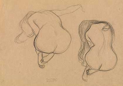 古斯塔夫·克里姆特（Gustav Klimt）的两项关于长发坐着裸体的研究