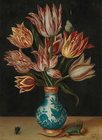 《万里花瓶里的鹦鹉郁金香、苍蝇和蜥蜴的静物》，作者：Ambrosius Bosschaert I