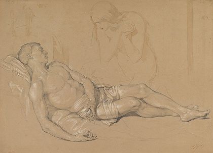 Julius Hübner的《跪在躺着的男人身边的裸女》（玛丽·玛格达伦哀悼基督的研究）