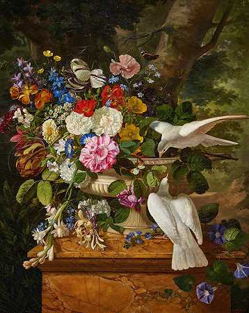 弗朗索瓦·勒佩奇的《花瓶里的花与两只鸽子》