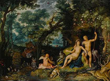 科内利斯·科内利兹·范·哈勒姆（Cornelis Cornelisz Van Haarlem）的《维纳斯和阿多尼斯》（Venus and Adonis）在广阔的风景中休息，丘比特和猎犬以及他们的采石场