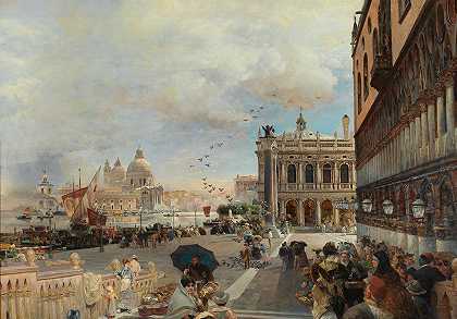 奥斯瓦尔德·阿肯巴赫的《威尼斯，广场的风景》、《马西亚纳图书馆》、《圣玛丽亚·德拉致敬》和《多加那》
